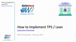 1Marek.Piatkowski@Rogers.com
How to Implement
Lean/TPS
Executive Overview
Thinkingwin, Win, WIN
How to Implement TPS / Lean
Executive Overview
Marek Piatkowski – February 2017
CAPABILITIES
DEVELOPMENT
Sustainable
improvement
capabilities in
all people at
all levels
PROCESS
IMPROVEMENT
Continuous,
real, practical
changes to
improve the
way the work
is done
Responsible
Leadership
LEAN
TRANSFORMATION
- Value Driven Purpose -
MANAGEMENT
SYSTEM
Basic Thinking, Acceptance, Mindset and Awareness
PDCA – PROBLEMS SOLVING – GEMBA - SCIENCE
WHAT PROBLEMS DO WE NEED TO SOLVE?
Thinkingwin, Win, WIN
 