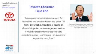 13Marek.Piatkowski@Rogers.com
How to Implement
Lean/TPS
Executive Overview
Thinkingwin, Win, WIN
Chairman of Toyota Motor Corp. and former
President of Toyota Motor Manufacturing, KY
and Toyota Motor Corp.
Toyota’s Chairman
Fujio Cho
“Many good companies have respect for
individuals and practice Kaizen and other TPS
tools. But what is important is having all
elements together as a management system.
It must be practiced every day in a very
consistent matter – not is spurs – in a concrete
way on the shop floor.”
 
