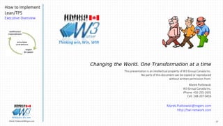 37Marek.Piatkowski@Rogers.com
How to Implement
Lean/TPS
Executive Overview
Thinkingwin, Win, WIN
Changing the World. One Transformation at a time
This presentation is an intellectual property of W3 Group Canada Inc.
No parts of this document can be copied or reproduced
without written permission from:
Marek Piatkowski
W3 Group Canada Inc.
iPhone: 416-235-2631
Cell: 248-207-0416
Marek.Piatkowski@rogers.com
http://twi-network.com
Thinkingwin, Win, WIN
 