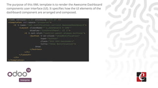 Enterprise
The purpose of this XML template is to render the Awesome Dashboard
components user interface (UI). It specifies how the UI elements of the
dashboard component are arranged and composed.
 