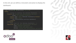 Enterprise
In the xml, we can define a menuitem and action to display the
dashboard.
 