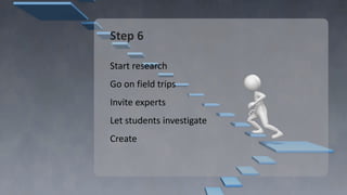 Step 6
Start research
Go on field trips
Invite experts
Let students investigate
Create