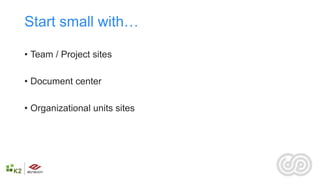 Start small with…

• Team / Project sites

• Document center

• Organizational units sites
 