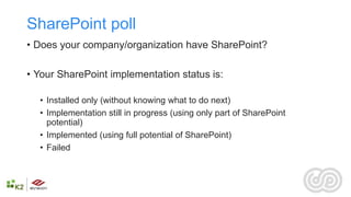 SharePoint poll
• Does your company/organization have SharePoint?

• Your SharePoint implementation status is:

  • Installed only (without knowing what to do next)
  • Implementation still in progress (using only part of SharePoint
    potential)
  • Implemented (using full potential of SharePoint)
  • Failed
 