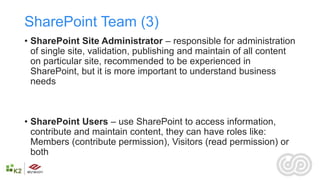 SharePoint Team (3)
• SharePoint Site Administrator – responsible for administration
  of single site, validation, publishing and maintain of all content
  on particular site, recommended to be experienced in
  SharePoint, but it is more important to understand business
  needs



• SharePoint Users – use SharePoint to access information,
  contribute and maintain content, they can have roles like:
  Members (contribute permission), Visitors (read permission) or
  both
 