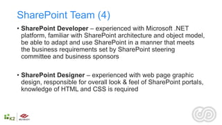 SharePoint Team (4)
• SharePoint Developer – experienced with Microsoft .NET
  platform, familiar with SharePoint architecture and object model,
  be able to adapt and use SharePoint in a manner that meets
  the business requirements set by SharePoint steering
  committee and business sponsors

• SharePoint Designer – experienced with web page graphic
  design, responsible for overall look & feel of SharePoint portals,
  knowledge of HTML and CSS is required
 