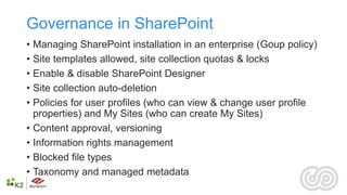 Governance in SharePoint
• Managing SharePoint installation in an enterprise (Goup policy)
• Site templates allowed, site collection quotas & locks
• Enable & disable SharePoint Designer
• Site collection auto-deletion
• Policies for user profiles (who can view & change user profile
  properties) and My Sites (who can create My Sites)
• Content approval, versioning
• Information rights management
• Blocked file types
• Taxonomy and managed metadata
 