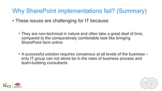 Why SharePoint implementations fail? (Summary)
• These issues are challenging for IT because:

  • They are non-technical in nature and often take a great deal of time,
    compared to the comparatively comfortable task like bringing
    SharePoint farm online

  • A successful solution requires consensus at all levels of the business –
    only IT group can not alone be in the roles of business process and
    team-building consultants
 