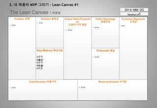 3. 내 제품의 MVP 그리기 – Lean Canvas #1
The Lean Canvas | 제품명
2014/ MM/ DD
Iteration #1
Cost Structure 비용구조 Revenue Streams 수익원
Problem 문제 Solution 솔루션
Key Metrics 핵심지표
Unique Value Propositi
on
고유의 가치 제안
Unfair Advantage
경쟁우위
Channels 채널
Customer Segments
고객군
- ***
- ***
- ***
- ***
A유치:
A활성:
R유지:
R매출:
R추천:
- ***
- ***
- ***- ***
 