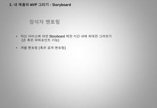 3. 내 제품의 MVP 그리기 – Storyboard
참석자 멘토링
• 자신 서비스에 대한 Storyboard 제한 시간 내에 최대한 그려보기
(손 혹은 파워포인트 가능)
• 개별 멘토링 (혹은 공개 멘토링)
 