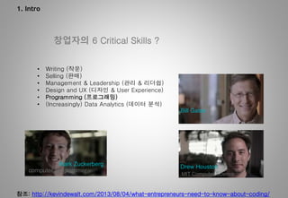 1. Intro
창업자의 6 Critical Skills ?
• Writing (작문)
• Selling (판매)
• Management & Leadership (관리 & 리더쉽)
• Design and UX (디자인 & User Experience)
• Programming (프로그래밍)
• (Increasingly) Data Analytics (데이터 분석)
Bill Gates
Drew Houston
MIT Computer Science
Mark Zuckerberg
computer programmer
참조: http://kevindewalt.com/2013/08/04/what-entrepreneurs-need-to-know-about-coding/
 