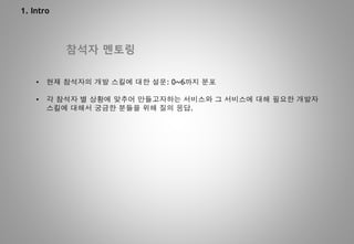 1. Intro
참석자 멘토링
• 현재 참석자의 개발 스킬에 대한 설문: 0~6까지 분포
• 각 참석자 별 상황에 맞추어 만들고자하는 서비스와 그 서비스에 대해 필요한 개발자
스킬에 대해서 궁금한 분들을 위해 질의 응답.
 