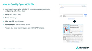 Classification: Controlled. Copyright ©2025 Version 1. All rights reserved.
How to Quickly Open a CSV file
To import data from a csv file to IBM SPSS Statistics quickly without copying
and pasting, follow these steps:
1. Click File > Open > Data
2. Select Files of type.
3. Find your file and click Open.
4. Follow steps in the Text Import Wizard.
• You are now ready to analyse your data in IBM SPSS Statistics.
 
