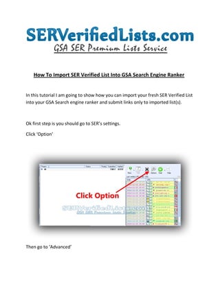 How To Import SER Verified List Into GSA Search Engine Ranker
In this tutorial I am going to show how you can import your fresh SER Verified List
into your GSA Search engine ranker and submit links only to imported list(s).
Ok first step is you should go to SER’s settings.
Click ‘Option’
Then go to ‘Advanced’
 