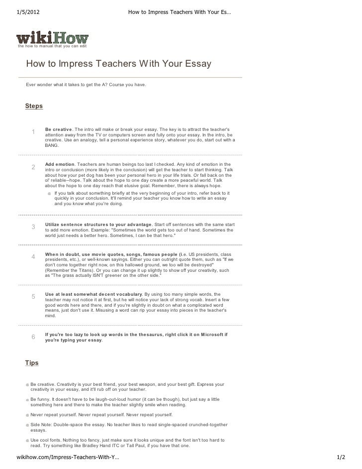 Narrative Essay Sample Papers How To Impress Teachers With Your Essay Steps Wiki How Definition Essay Paper also English Is My Second Language Essay Essay On The Teacher Romefontanacountryinncom Health Care Essay
