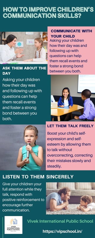 https://vipschool.in/
Vivek International Public School
ASK THEM ABOUT THE
DAY
COMMUNICATE WITH
YOUR CHILD
LET THEM TALK FREELY
LISTEN TO THEM SINCERELY
Asking your children
how their day was and
following up with
questions can help
them recall events and
foster a strong bond
between you both.
Asking your children
how their day was
and following up with
questions can help
them recall events
and foster a strong
bond between you
both.
Boost your child's self-
expression and self-
esteem by allowing them
to talk without
overcorrecting, correcting
their mistakes slowly and
steadily.
Give your children your
full attention while they
talk, respond with
positive reinforcement to
encourage further
communication.
HOW TO IMPROVE CHILDREN’S
HOW TO IMPROVE CHILDREN’S
COMMUNICATION SKILLS?
COMMUNICATION SKILLS?
 