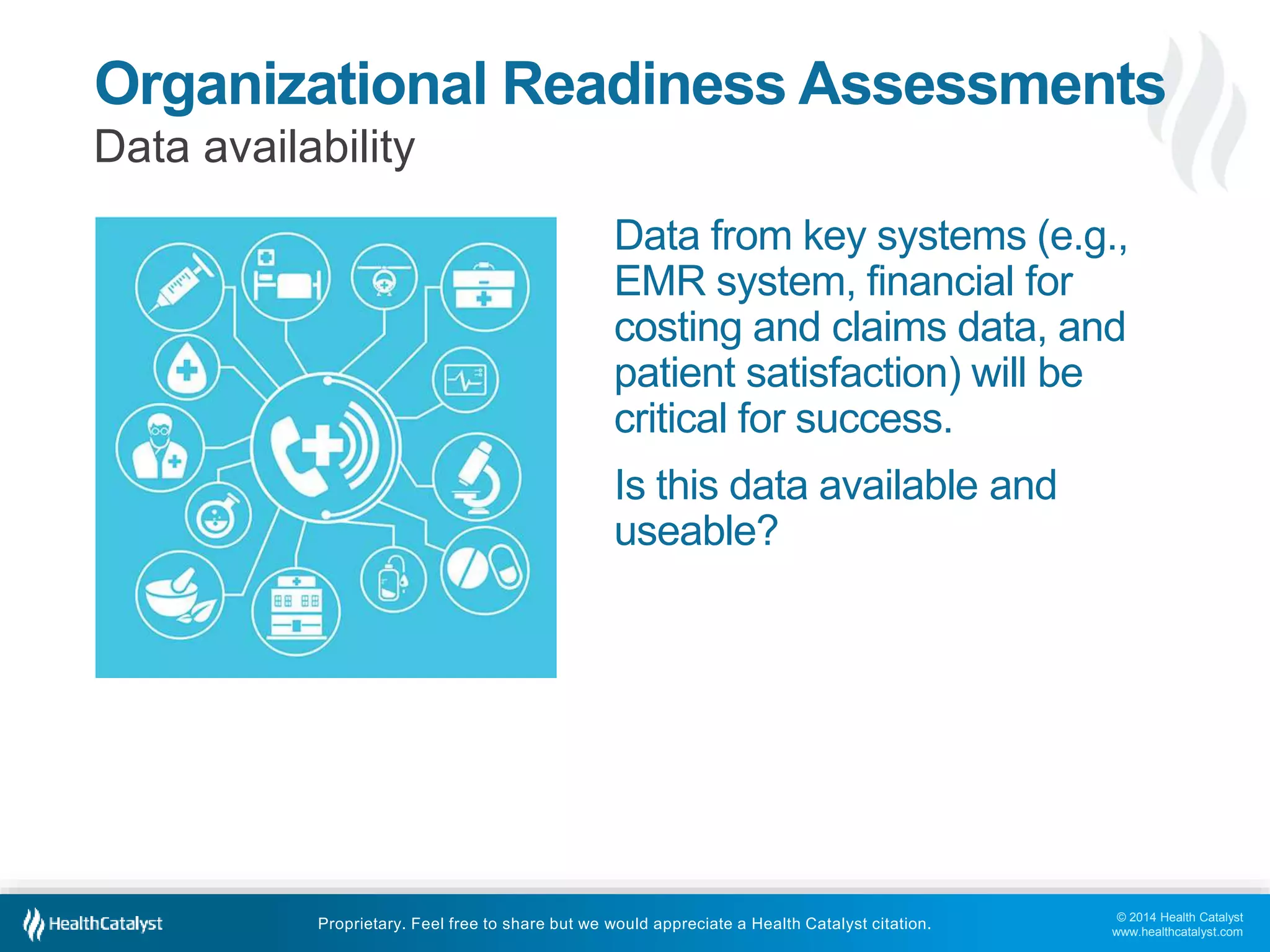 © 2014 Health Catalyst
www.healthcatalyst.com
Proprietary. Feel free to share but we would appreciate a Health Catalyst citation.
Organizational Readiness Assessments
Data availability
Data from key systems (e.g.,
EMR system, financial for
costing and claims data, and
patient satisfaction) will be
critical for success.
Is this data available and
useable?
 