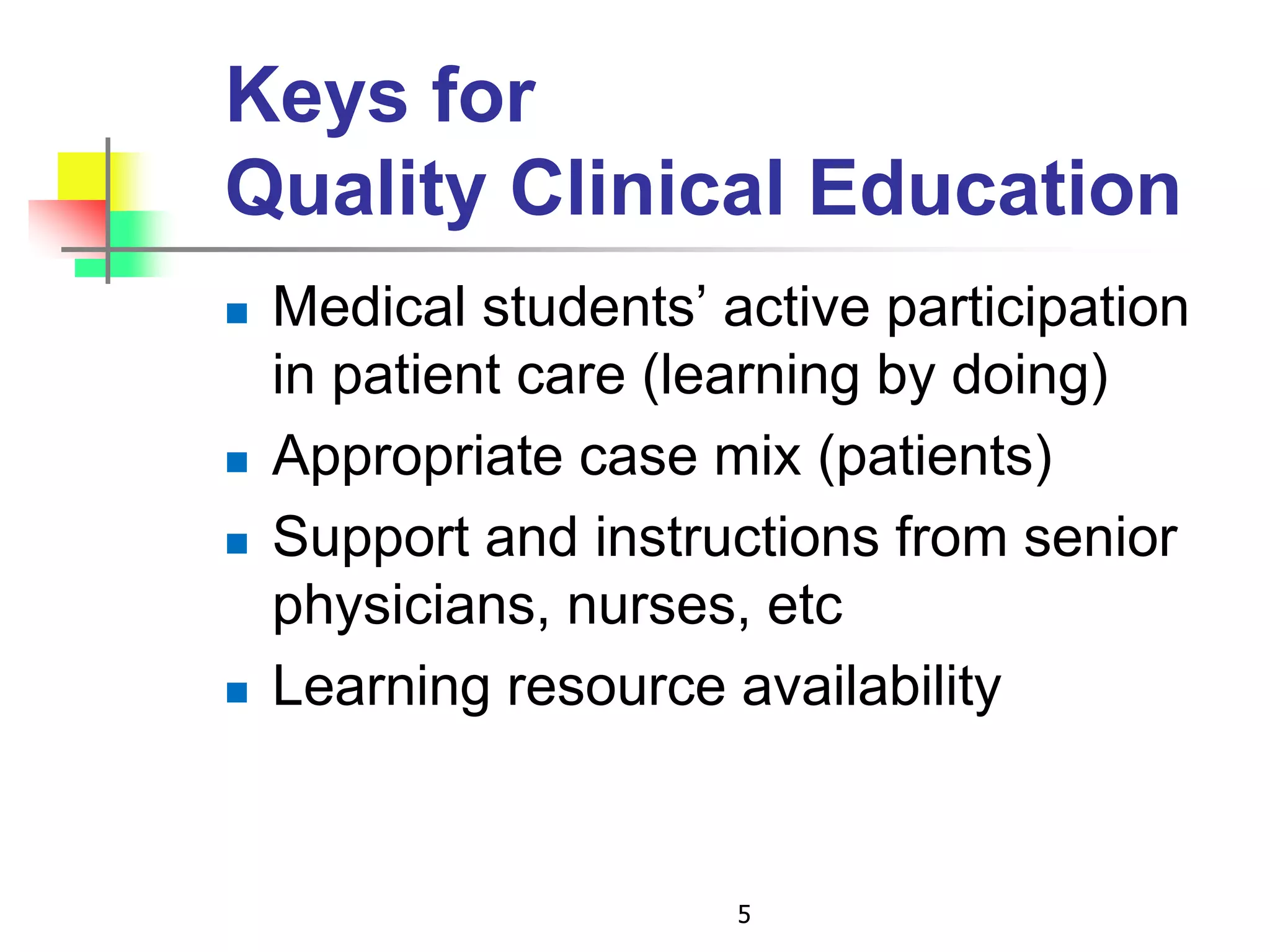 Keys for
Quality Clinical Education
 Medical students’ active participation
in patient care (learning by doing)
 Appropriate case mix (patients)
 Support and instructions from senior
physicians, nurses, etc
 Learning resource availability
5
 