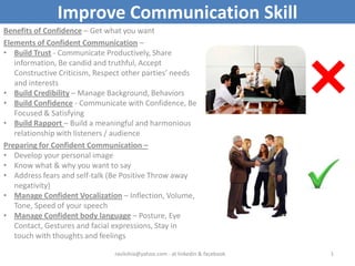 Improve Communication Skill
Benefits of Confidence – Get what you want
Elements of Confident Communication –
• Build Trust - Communicate Productively, Share
information, Be candid and truthful, Accept
Constructive Criticism, Respect other parties’ needs
and interests
• Build Credibility – Manage Background, Behaviors
• Build Confidence - Communicate with Confidence, Be
Focused & Satisfying
• Build Rapport – Build a meaningful and harmonious
relationship with listeners / audience
Preparing for Confident Communication –
• Develop your personal image
• Know what & why you want to say
• Address fears and self-talk (Be Positive Throw away
negativity)
• Manage Confident Vocalization – Inflection, Volume,
Tone, Speed of your speech
• Manage Confident body language – Posture, Eye
Contact, Gestures and facial expressions, Stay in
touch with thoughts and feelings
ravilohia@yahoo.com - at linkedin & facebook 1
 