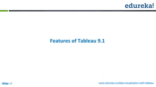 www.edureka.co/data-visualization-with-tableauSlide 17
Features of Tableau 9.1
 