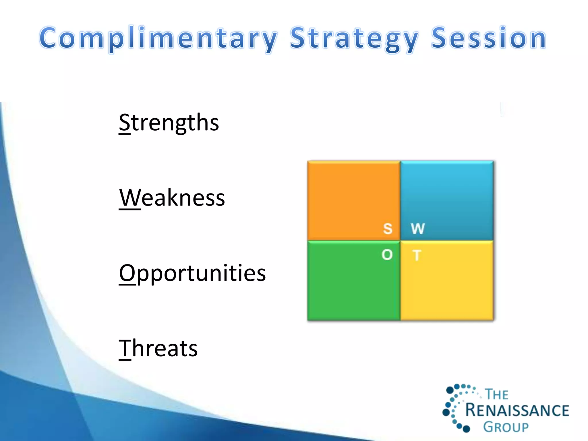 Strengths

Weakness

Opportunities

Threats
 