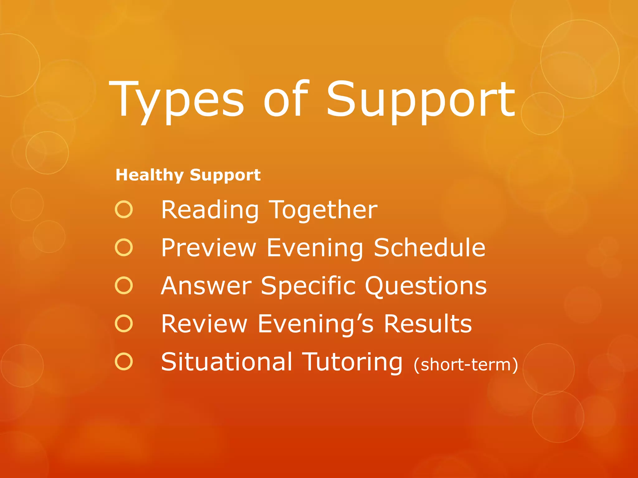 Types of Support
Healthy Support

   Reading Together
   Preview Evening Schedule
   Answer Specific Questions
   Review Evening’s Results
   Situational Tutoring   (short-term)
 