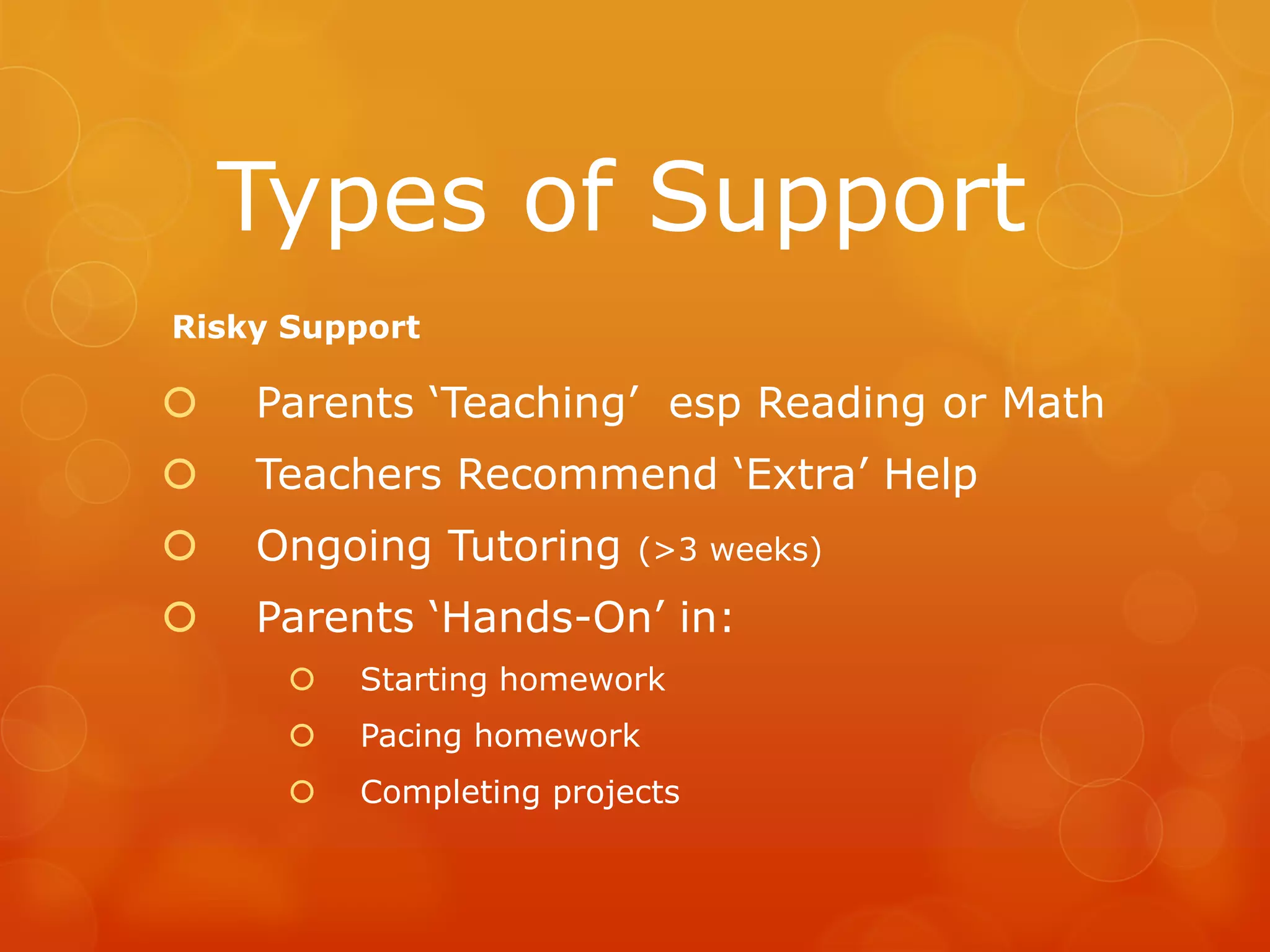 Types of Support
Risky Support

   Parents ‘Teaching’ esp Reading or Math
   Teachers Recommend ‘Extra’ Help
   Ongoing Tutoring      (>3 weeks)

   Parents ‘Hands-On’ in:
         Starting homework
         Pacing homework
         Completing projects
 