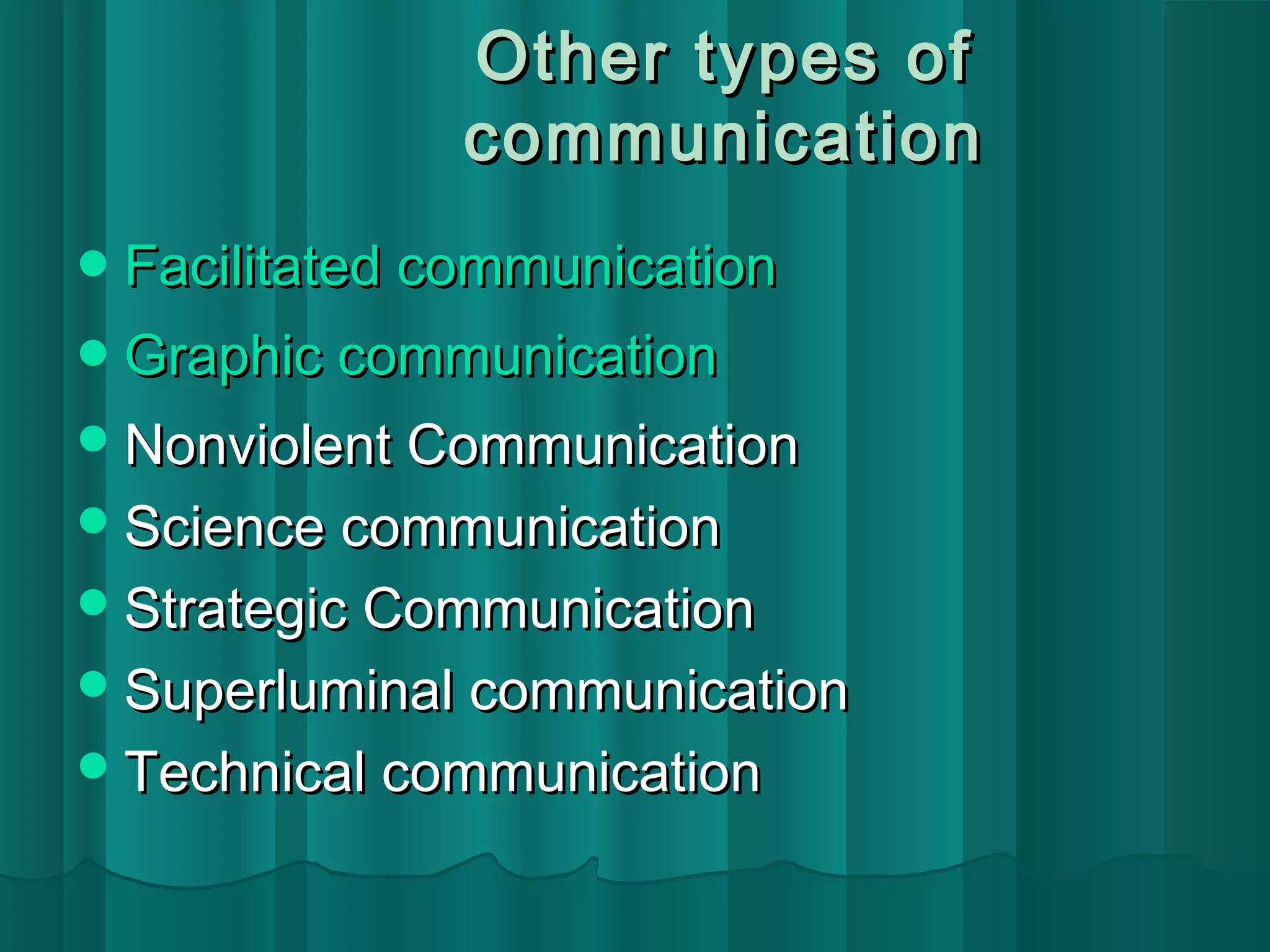 OOtthheerr ttyyppeess ooff 
ccoommmmuunniiccaattiioonn 
FFaacciilliittaatteedd ccoommmmuunniiccaattiioonn 
GGrraapphhiicc ccoommmmuunniiccaattiioonn 
NNoonnvviioolleenntt CCoommmmuunniiccaattiioonn 
SScciieennccee ccoommmmuunniiccaattiioonn 
SSttrraatteeggiicc CCoommmmuunniiccaattiioonn 
SSuuppeerrlluummiinnaall ccoommmmuunniiccaattiioonn 
TTeecchhnniiccaall ccoommmmuunniiccaattiioonn 
 