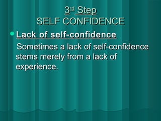 33rrdd SStteepp 
SSEELLFF CCOONNFFIIDDEENNCCEE 
LLaacckk ooff sseellff--ccoonnffiiddeennccee 
SSoommeettiimmeess aa llaacckk ooff sseellff--ccoonnffiiddeennccee 
sstteemmss mmeerreellyy ffrroomm aa llaacckk ooff 
eexxppeerriieennccee.. 
 