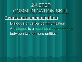 22nndd SSTTEEPP 
CCOOMMMMUUNNIICCAATTIIOONN SSKKIILLLL 
TTyyppeess ooff ccoommmmuunniiccaattiioonn 
11.. DDiiaalloogguuee oorr vveerrbbaall ccoommmmuunniiccaattiioonn 
AA ddiiaalloogguuee iiss aa rreecciipprrooccaall ccoonnvveerrssaattiioonn 
bbeettwweeeenn ttwwoo oorr mmoorree eennttiittiieess.. 
 