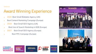 Award Winning Experience
Semetrical
● 2020: Best Small Biddable Agency (UK)
● Best Content Marketing Campaign (Europe)
● 2...