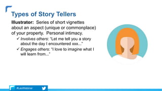 Illustrator: Series of short vignettes
about an aspect (unique or commonplace)
of your property. Personal intimacy.
 Involves others: “Let me tell you a story
about the day I encountered xxx...”
 Engages others: “I love to imagine what I
will learn from...”
Types of Story Tellers
#LeoWebinar
 