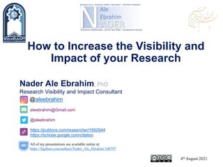 aleebrahim@Gmail.com
@aleebrahim
https://publons.com/researcher/1692944
https://scholar.google.com/citation
Nader Ale Ebrahim, PhD
Research Visibility and Impact Consultant
4th August 2021
All of my presentations are available online at:
https://figshare.com/authors/Nader_Ale_Ebrahim/100797
@aleebrahim
How to Increase the Visibility and
Impact of your Research
 