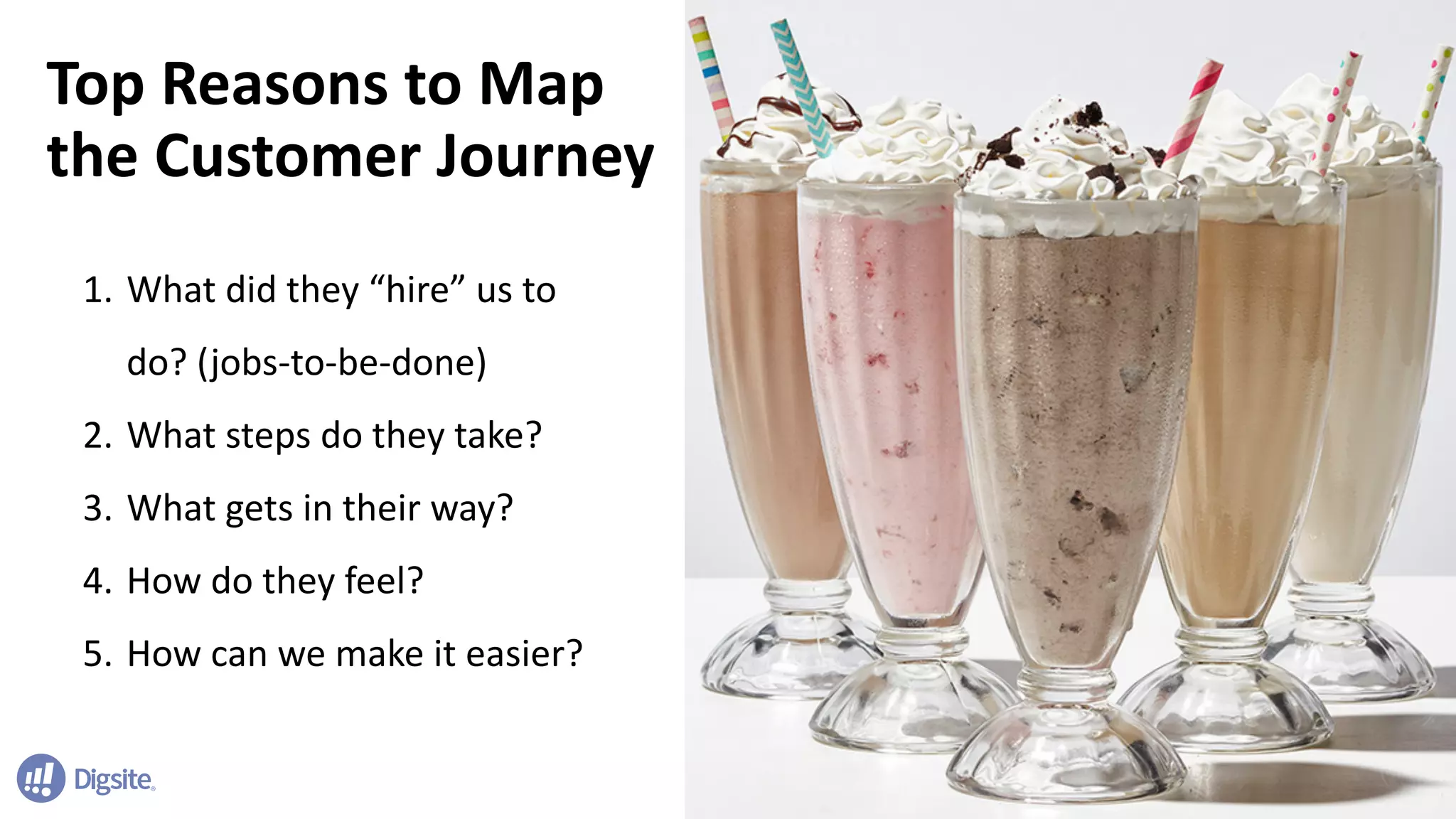 Top	Reasons	to	Map	
the	Customer	Journey
1. What	did	they	“hire”	us	to	
do?	(jobs-to-be-done)
2. What	steps	do	they	take?
3. What	gets	in	their	way?
4. How	do	they	feel?
5. How	can	we	make	it	easier?
 