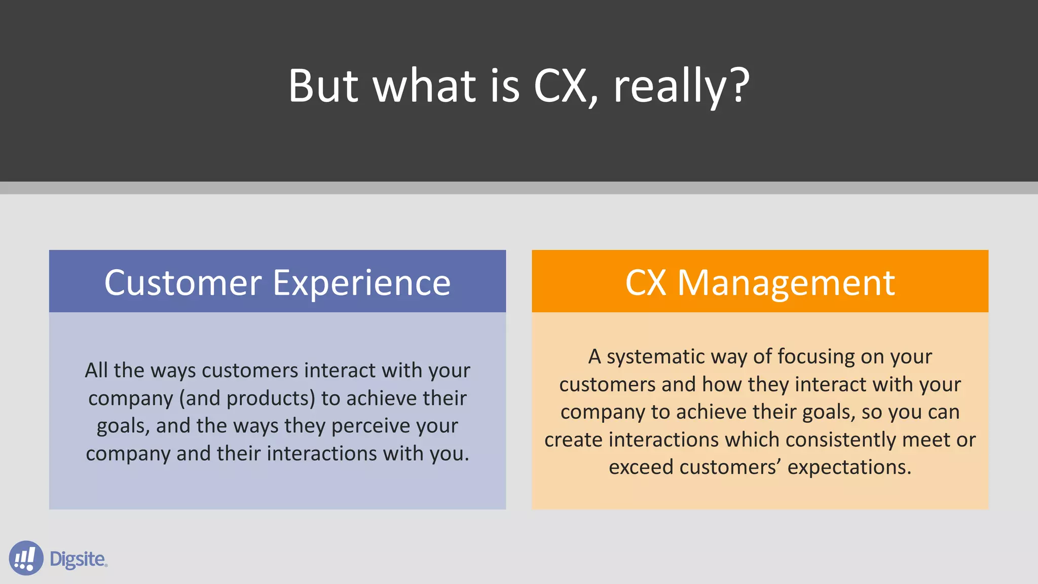 But	what	is	CX,	really?
Customer	Experience CX	Management
All	the	ways	customers	interact	with	your	
company	(and	products)	to	achieve	their	
goals,	and	the	ways	they	perceive	your	
company	and	their	interactions	with	you.
A	systematic	way	of	focusing	on	your	
customers	and	how	they	interact	with	your	
company	to	achieve	their	goals,	so	you	can	
create	interactions	which	consistently	meet	or	
exceed	customers’	expectations.
 