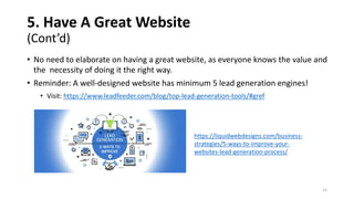 5. Have A Great Website
(Cont’d)
• No need to elaborate on having a great website, as everyone knows the value and
the necessity of doing it the right way.
• Reminder: A well-designed website has minimum 5 lead generation engines!
• Visit: https://www.leadfeeder.com/blog/top-lead-generation-tools/#gref
https://liquidwebdesigns.com/business-
strategies/5-ways-to-improve-your-
websites-lead-generation-process/
15
 