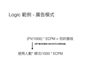 (PV/1000) * ECPM = 你的營收
Logic 範例例 - 廣告模式
(⽤用⼾戶看你的廣告1000次你可以得到的錢)
使⽤用⼈人數* 頻次/1000 * ECPM
 