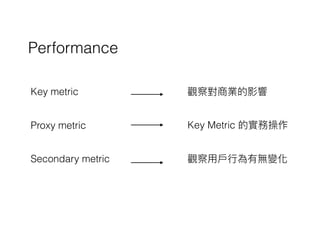 Performance
觀察對商業的影響
Key Metric 的實務操作
觀察⽤用⼾戶⾏行行為有無變化
Key metric
Proxy metric
Secondary metric
 