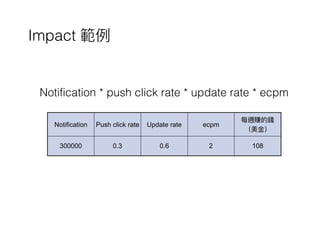 Notification * push click rate * update rate * ecpm
Notification Push click rate Update rate ecpm
每週賺的錢
（美⾦金金）
300000 0.3 0.6 2 108
Impact 範例例
 