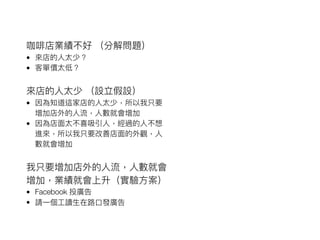 咖啡店業績不好 （分解問題）
• 來來店的⼈人太少？
• 客單價太低？
來來店的⼈人太少 （設立假設）
• 因為知道這家店的⼈人太少，所以我只要
增加店外的⼈人流，⼈人數就會增加
• 因為店⾯面太不喜吸引⼈人，經過的⼈人不想
進來來，所以我只要改善店⾯面的外觀，⼈人
數就會增加
我只要增加店外的⼈人流，⼈人數就會
增加，業績就會上升（實驗⽅方案）
• Facebook 投廣告
• 請⼀一個⼯工讀⽣生在路路⼝口發廣告
 