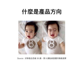 什什麼是產品⽅方向
Source : 梁寧產品思維 30 講，第 8 講點線⾯面體的戰略略選擇
 