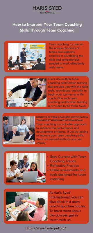 Stay Current with Team
Coaching Trends
Reflective Practice
Utilise assessments and
tools designed for team
coaching
How to Improve Your Team Coaching
Skills Through Team Coaching
Team coaching focuses on
the unique dynamics of
teams and supports
coaches in developing the
skills and competencies
needed to work effectively
with teams.
There are multiple team
coaching certification training
that provide you with the right
tools, techniques, and skills to
begin your journey as a life
coach. One such team
coaching certification training
is provided by Dr Haris Syed.
BENEFITS OF TEAM COACHING CERTIFICATION
TRAINING AT HARIS SYED INTERNATIONAL
Team coaching is a valuable approach
to enhance the performance and
development of teams. If you're looking
to improve your team coaching skills,
there are several methods you can
employ:
https://www.harissyed.org/
At Haris Syed
International, you can
also enrol in a team
coaching online course.
To learn more about
the courses, get in
touch with us.
 
