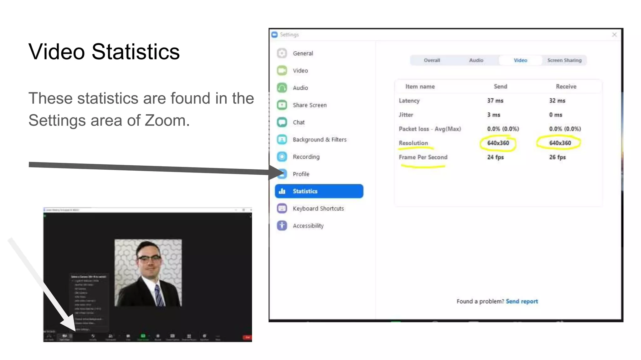 Video Statistics
These statistics are found in the
Settings area of Zoom.
 