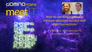 How to use existing data to
increase adoption success with
IBM	Connections
Andreas	Ponte	- Belsoft	Collaboration AG
Henning	Schmidt	- hedersoft GmbH
 