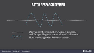 @msweezey@Uberflip#uberwebinar
Daily content consumption. Usually is Learn,
and Escape. Happens across all media channels.
How we engage with Research content.
Batch Research Defined
 