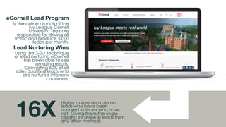 @msweezey@Uberflip#uberwebinar
Lead Nurturing Wins
Using the 3-2-1 technique
of lead nurturing eCornell
has been able to see
amazing results.
Converting 50% of all
sales qualified leads who
are nurtured into new
customers.
eCornell Lead Program
Is the online branch of the
Ivy League Cornell
University. They are
responsible for driving all
traffic and produce 5,000
leads per month.
16X
Higher conversion rate on
leads who have been
nurtured vs those who have
not. Giving them the single
biggest increase in leads from
any other method.
 