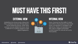 @Uberflip#uberwebinar @msweezey
Marketing now knows every interaction
they company has had with the person
across external sources. Other data
sources can be added into know what
is relevant to a person based on their
digital fingerprints.
Every channel has the ability to read
and write to this record so in the future
every conversation in enabled to be
relevance. These conversations are
also used to trigger automated
content based on rule sets set up by
the business.
External View Internal View
Must have this first!
 