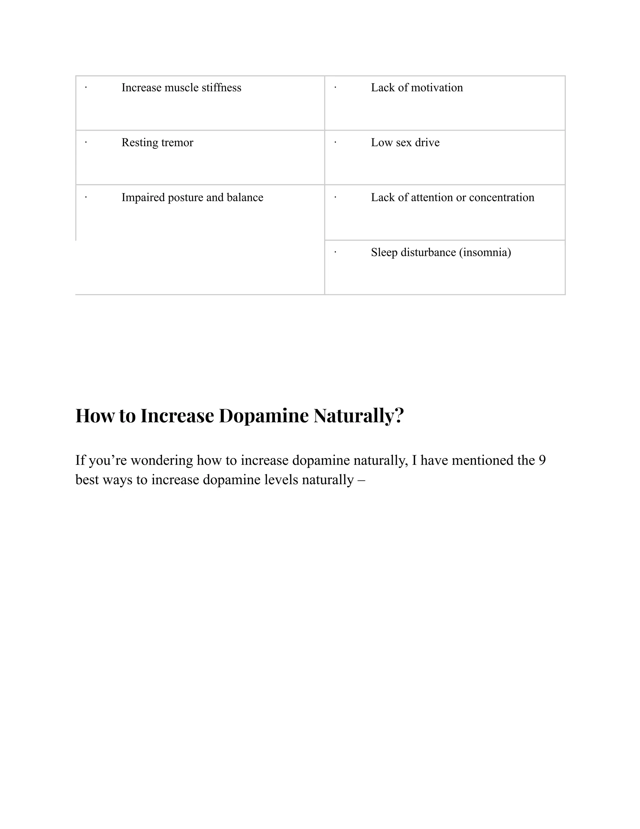 · Increase muscle stiffness · Lack of motivation
· Resting tremor · Low sex drive
· Impaired posture and balance · Lack of attention or concentration
· Sleep disturbance (insomnia)
How to Increase Dopamine Naturally?
If you’re wondering how to increase dopamine naturally, I have mentioned the 9
best ways to increase dopamine levels naturally –
 