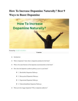 How To Increase Dopamine Naturally? Best 9
Ways to Boost Dopamine
Posted By SUMIT SHARMA
Contents
● Introduction
● What is dopamine? And, where is dopamine produced in the brain?
● What is the main function of the dopamine neurotransmitter in the brain?
● How does the dopamine synthesis pathway occur in your brain?
❖ 1. Mesolimbic Dopamine Pathways
❖ 2. Mesocortical Dopamine Pathways
❖ 3. Nigrostriatal Dopamine Pathways
❖ 4. Tuberoinfundibular Dopamine Pathways
● What activities trigger dopamine? Why is dopamine addictive?
 