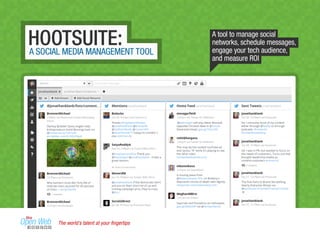 HOOTSUITE:A SOCIAL MEDIA MANAGEMENT TOOL
A tool to manage social
networks, schedule messages,
engage your tech audience,
and measure ROI
The world’s talent at your ﬁngertips
 